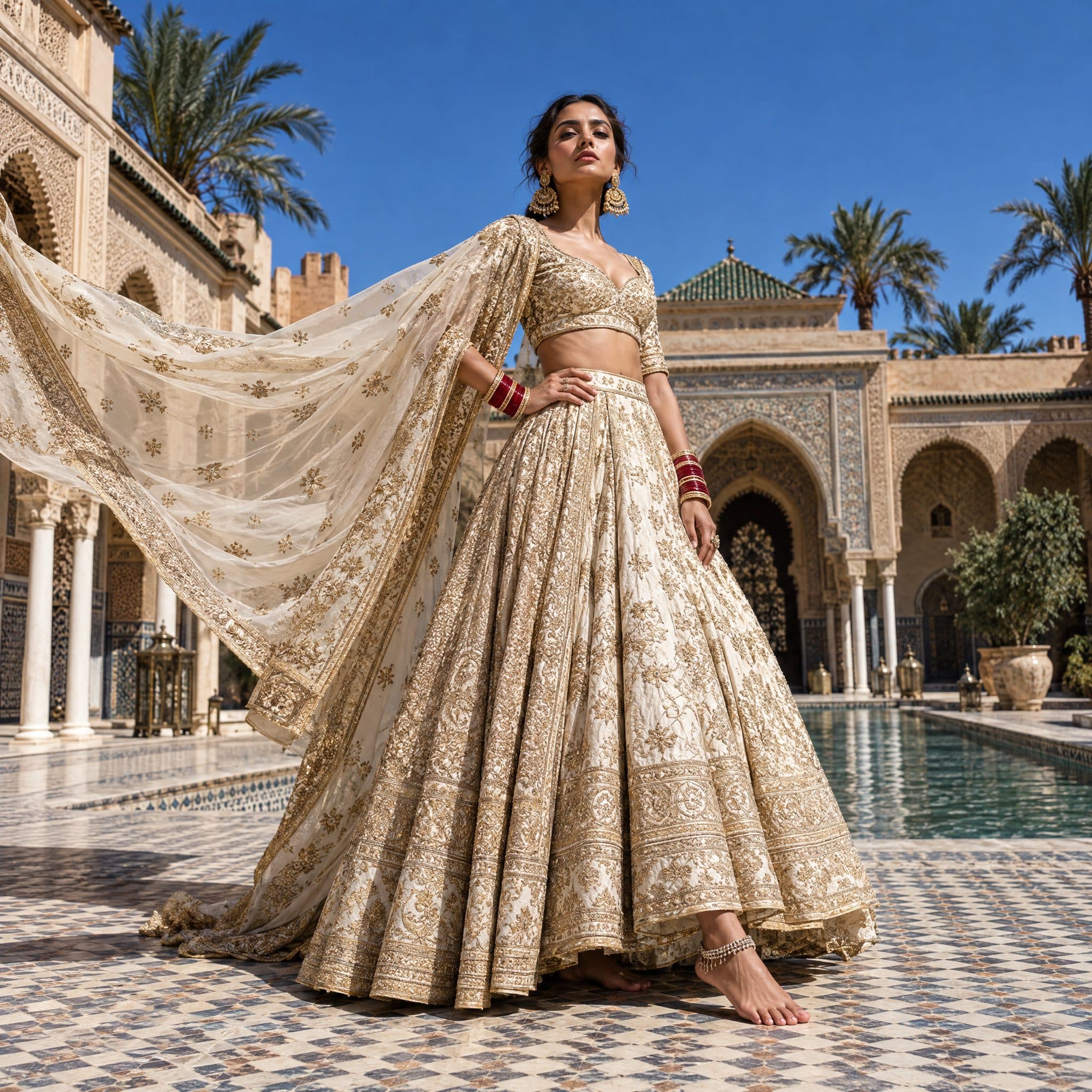 Bride in a cream and gold lehenga turning in a sunlit Marrakech palace courtyard
