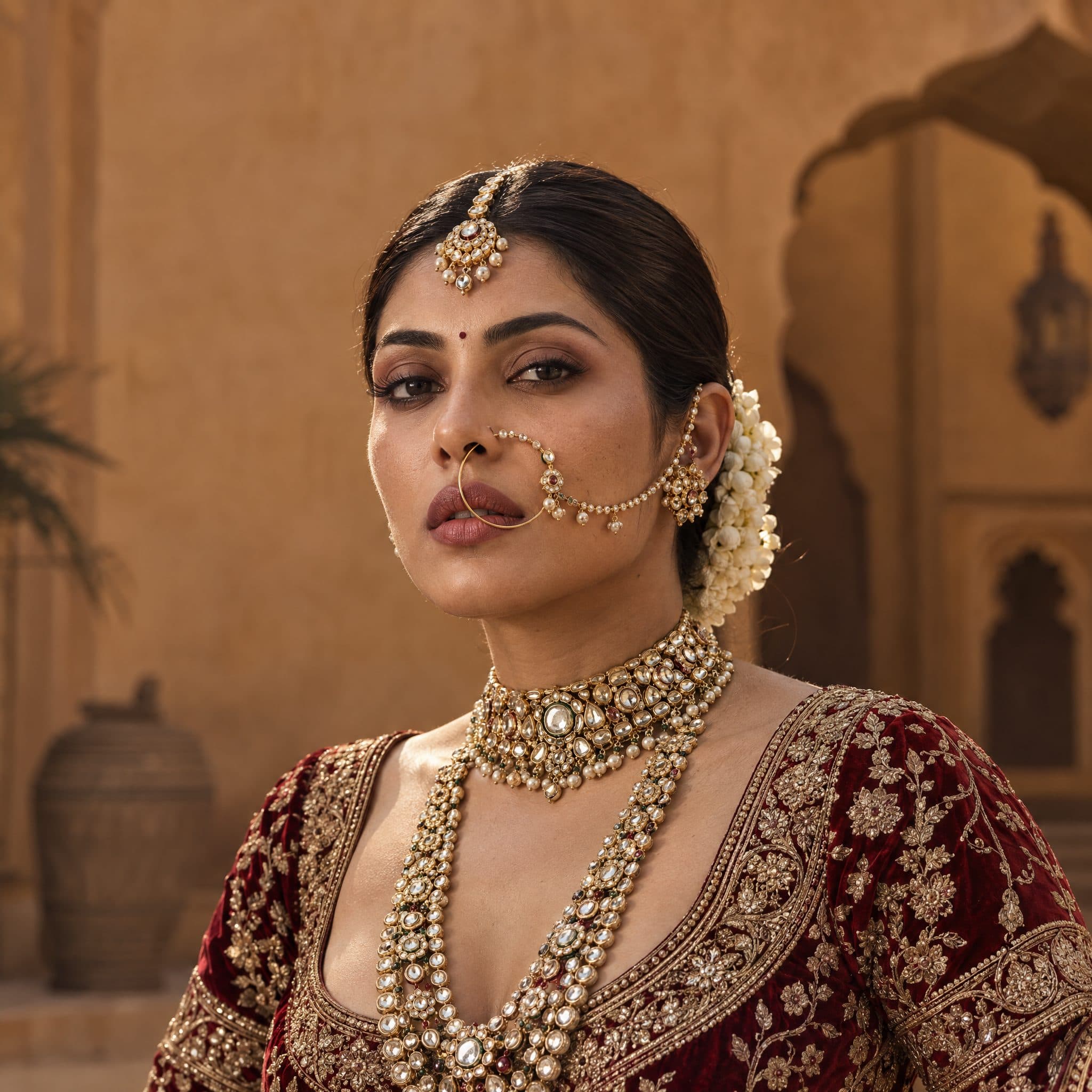 Bride in a maroon lehenga with a pearl nath against an ochre wall