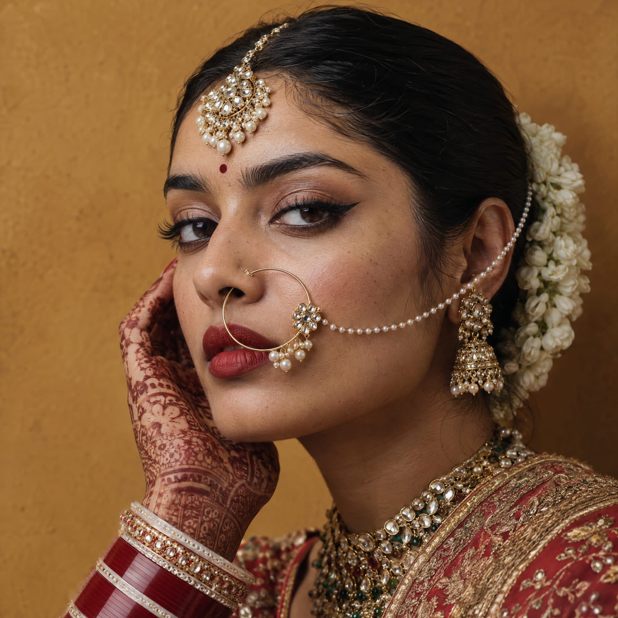 Close portrait of a bride with a pearl nath and jasmine in her hair