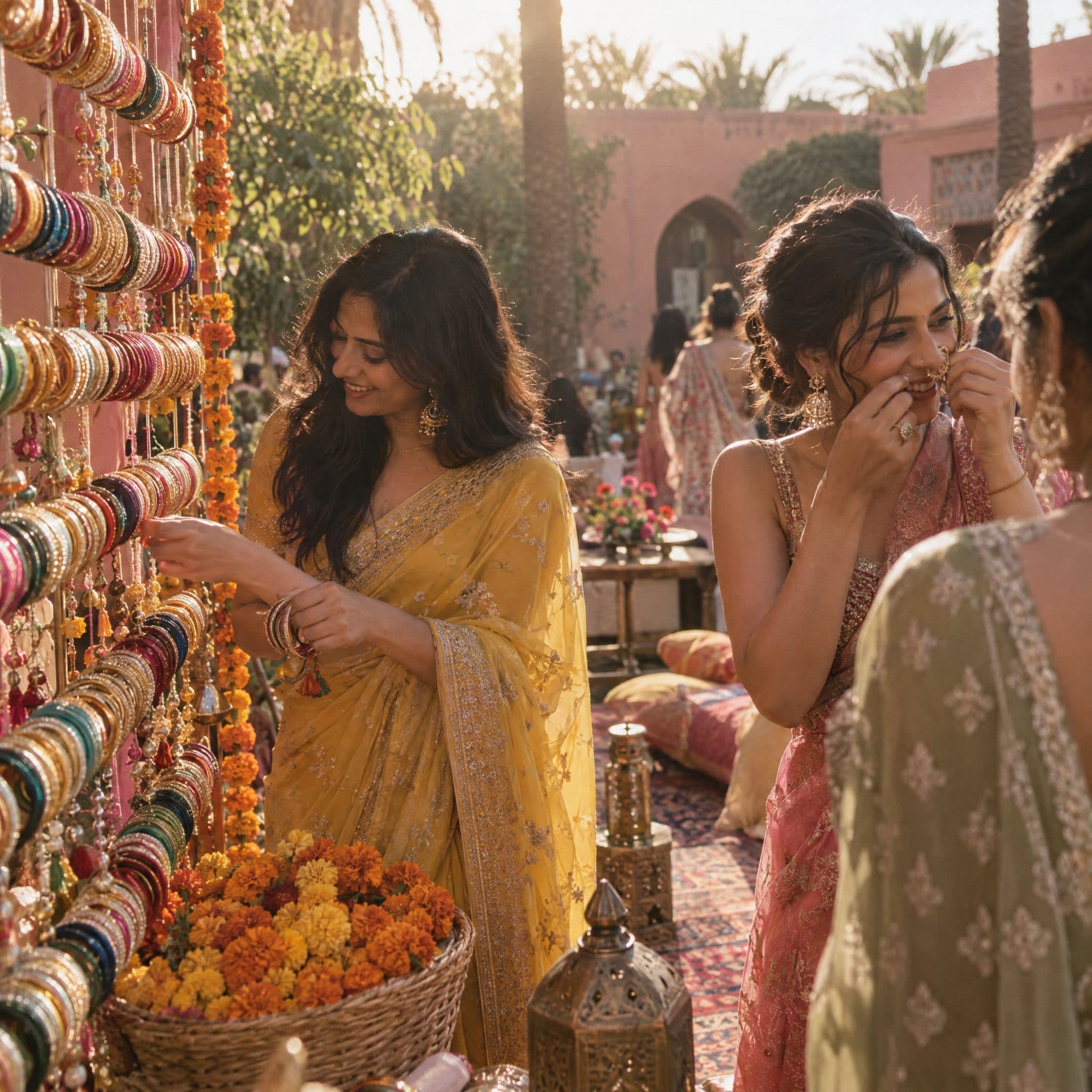 Guests choosing coloured glass bangles from a stand at the Mehndi