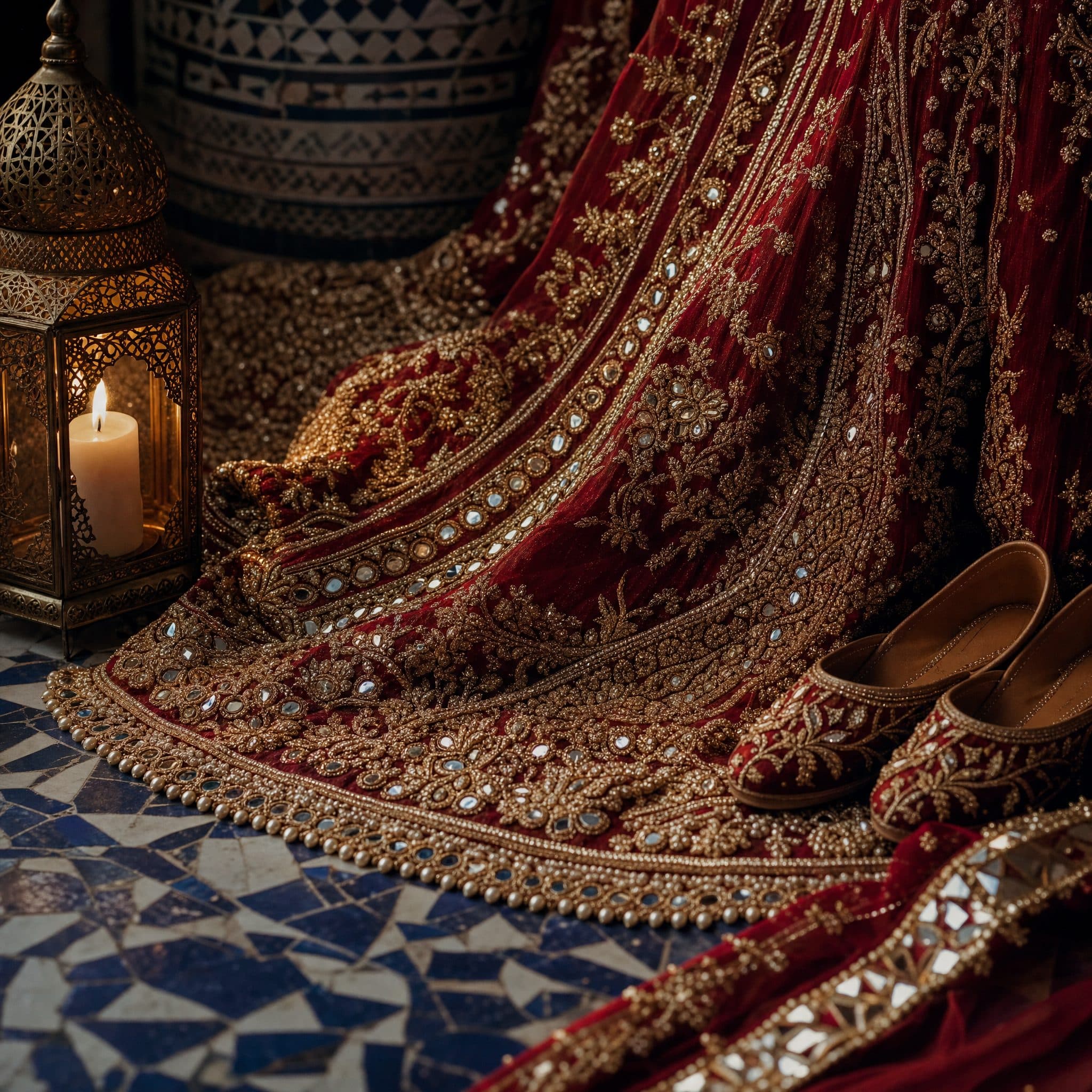 Red and gold bridal lehenga spread across zellige tile beside a lit candle