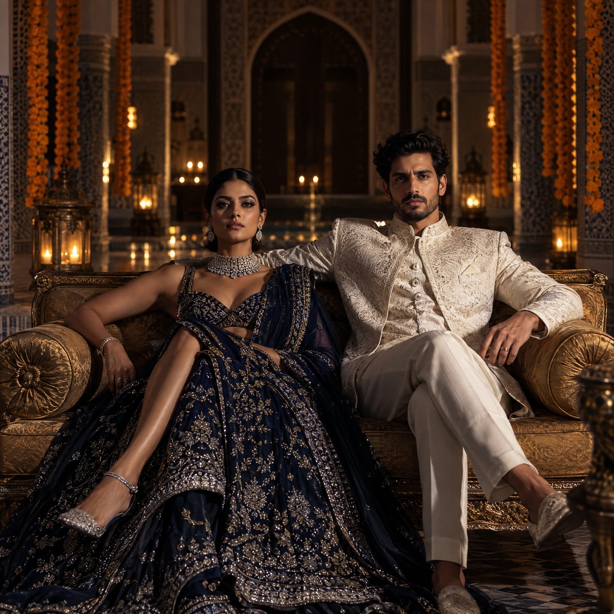 Couple seated together in navy and cream formalwear among lanterns