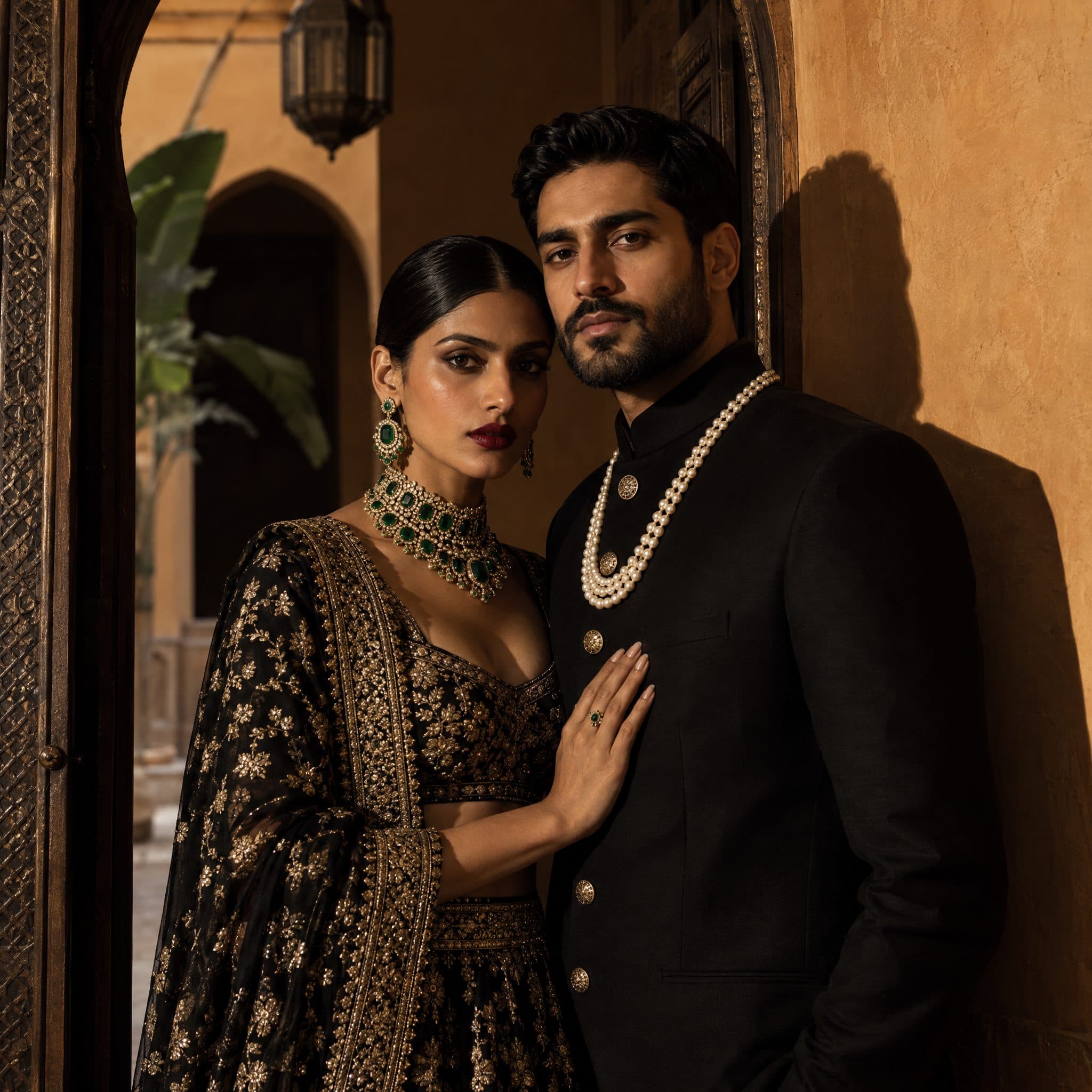 Couple in dark embroidered formalwear against a shadowed palace wall