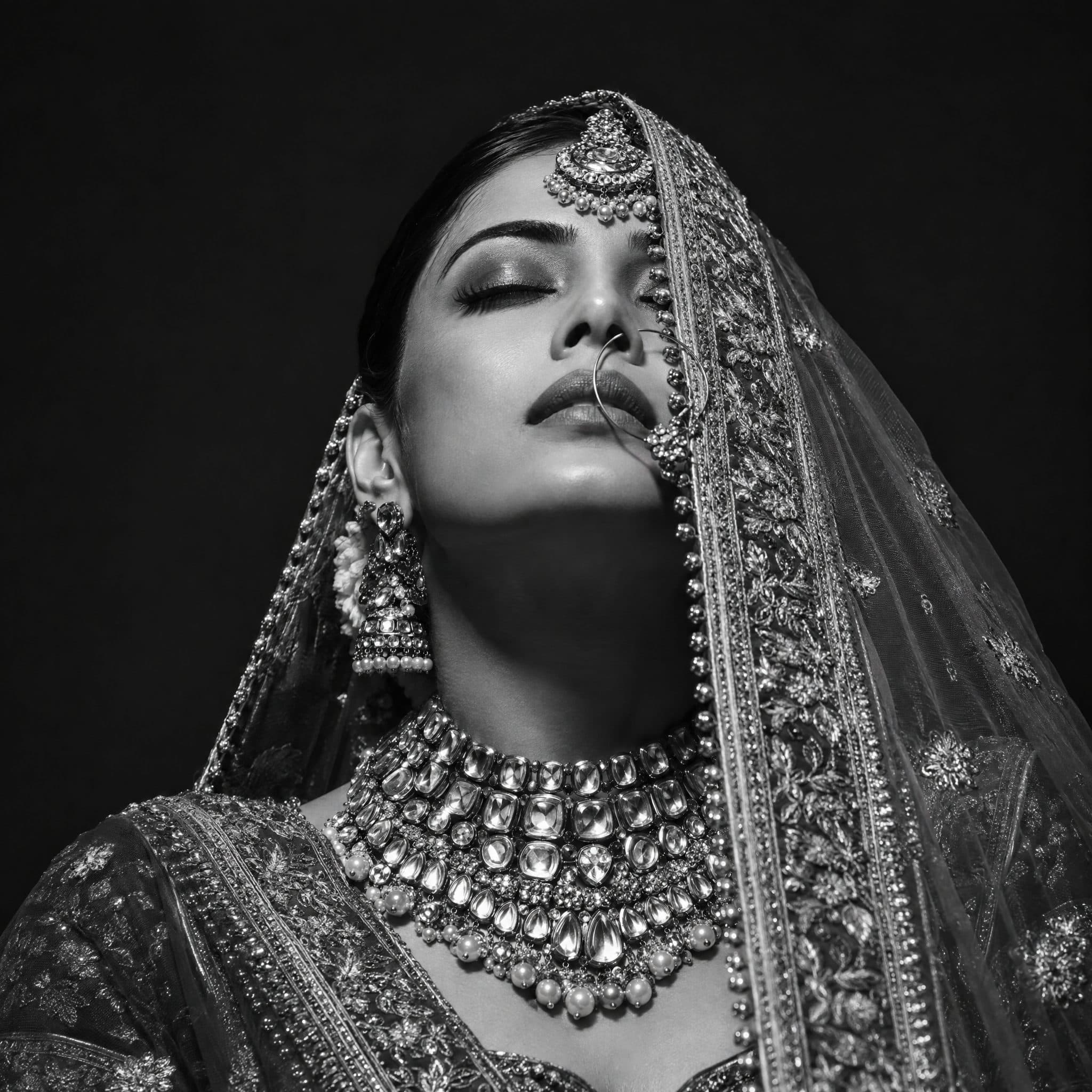 Black and white portrait of a bride in heavy kundan jewellery