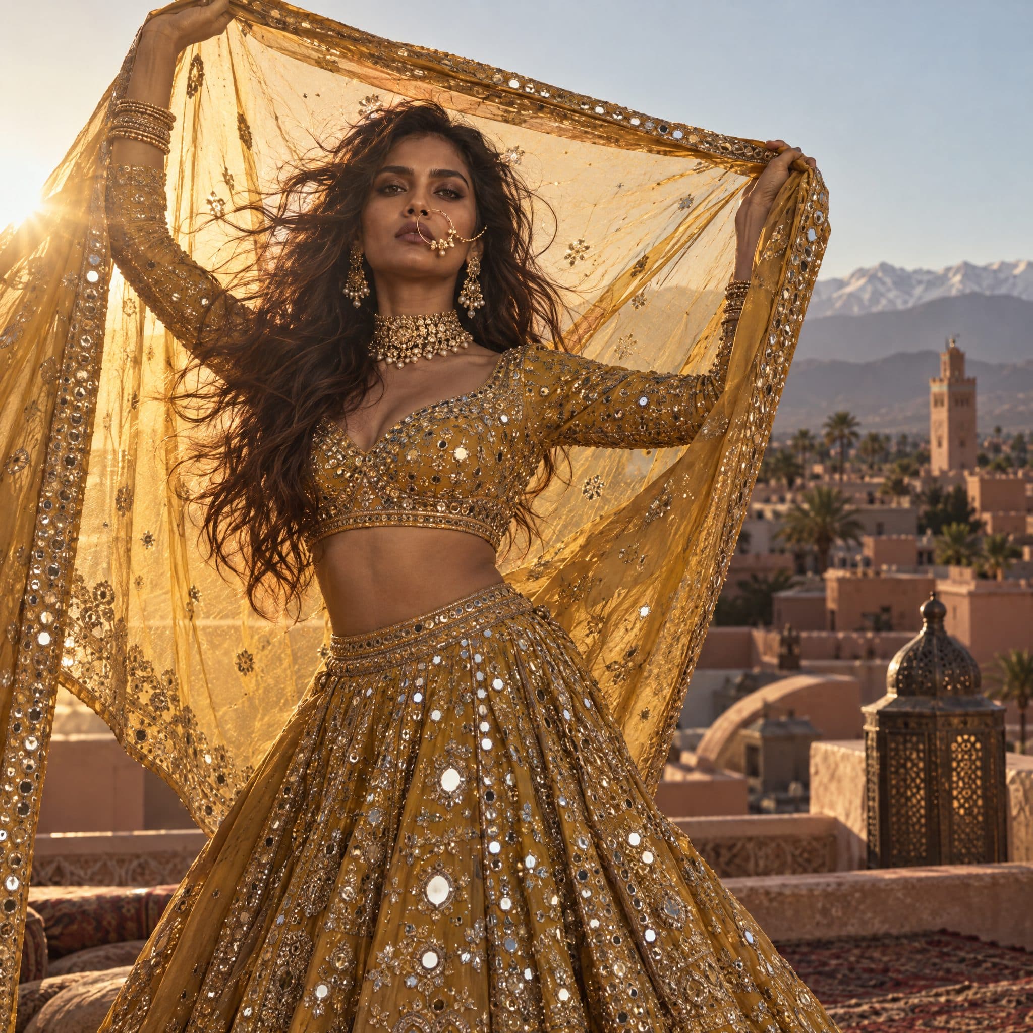 Bride in a gold lehenga on a Marrakech rooftop with the Atlas mountains behind