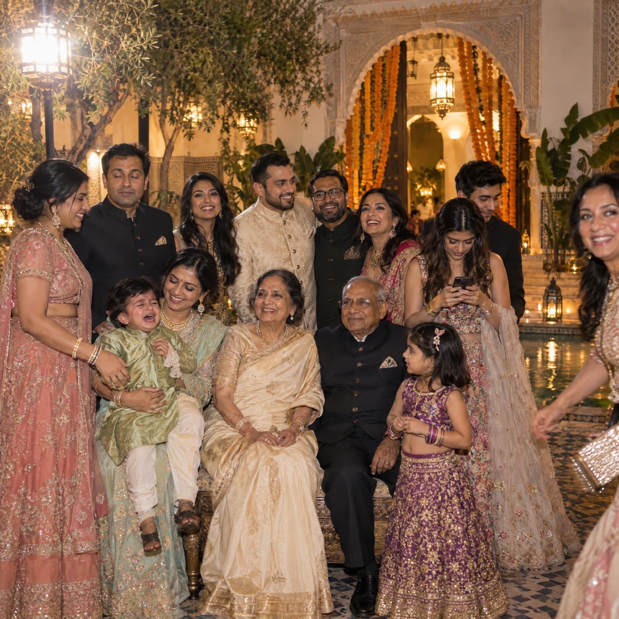 Three generations of a family photographed together in a marigold-hung courtyard