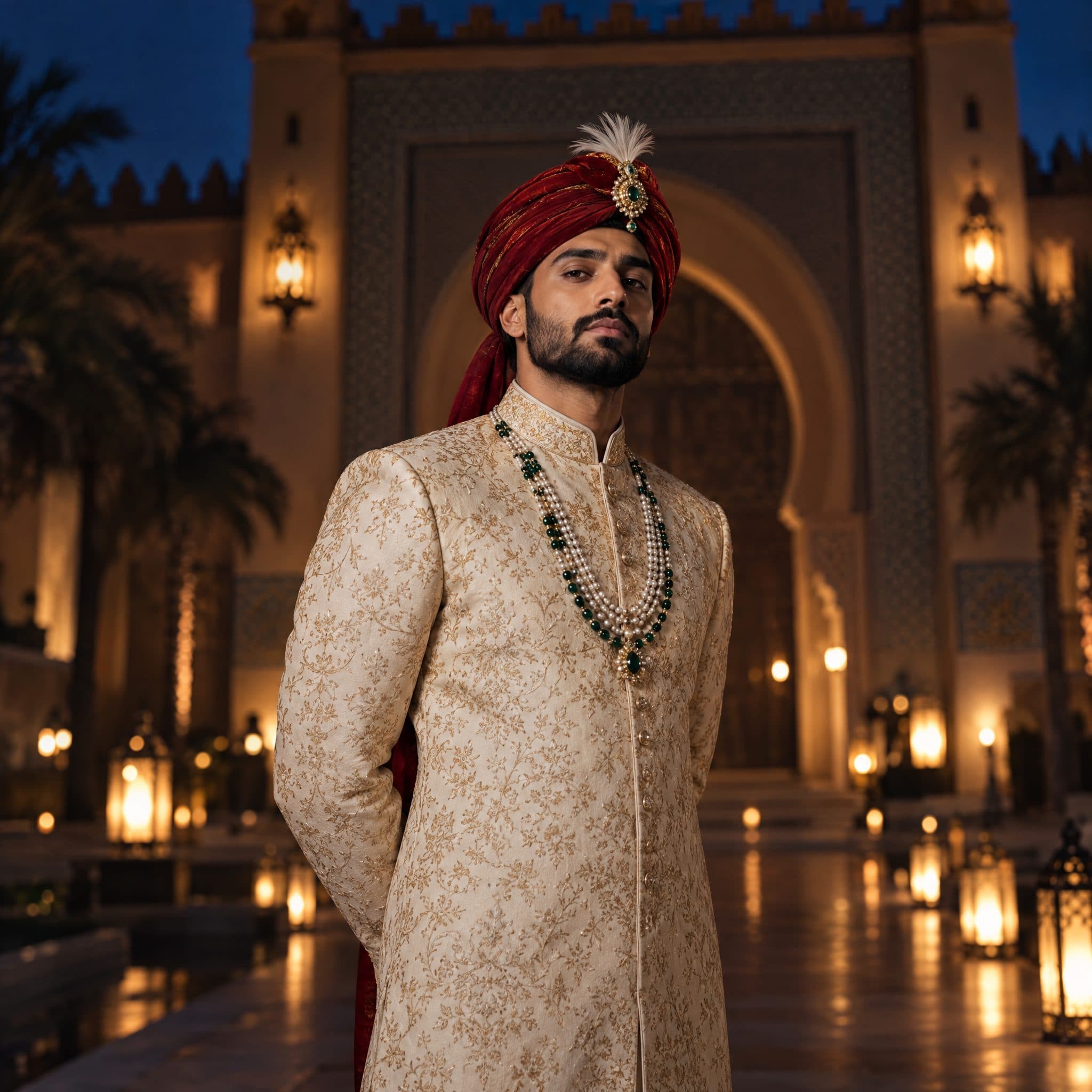 Groom in a cream sherwani and red turban at a lantern-lit palace gate