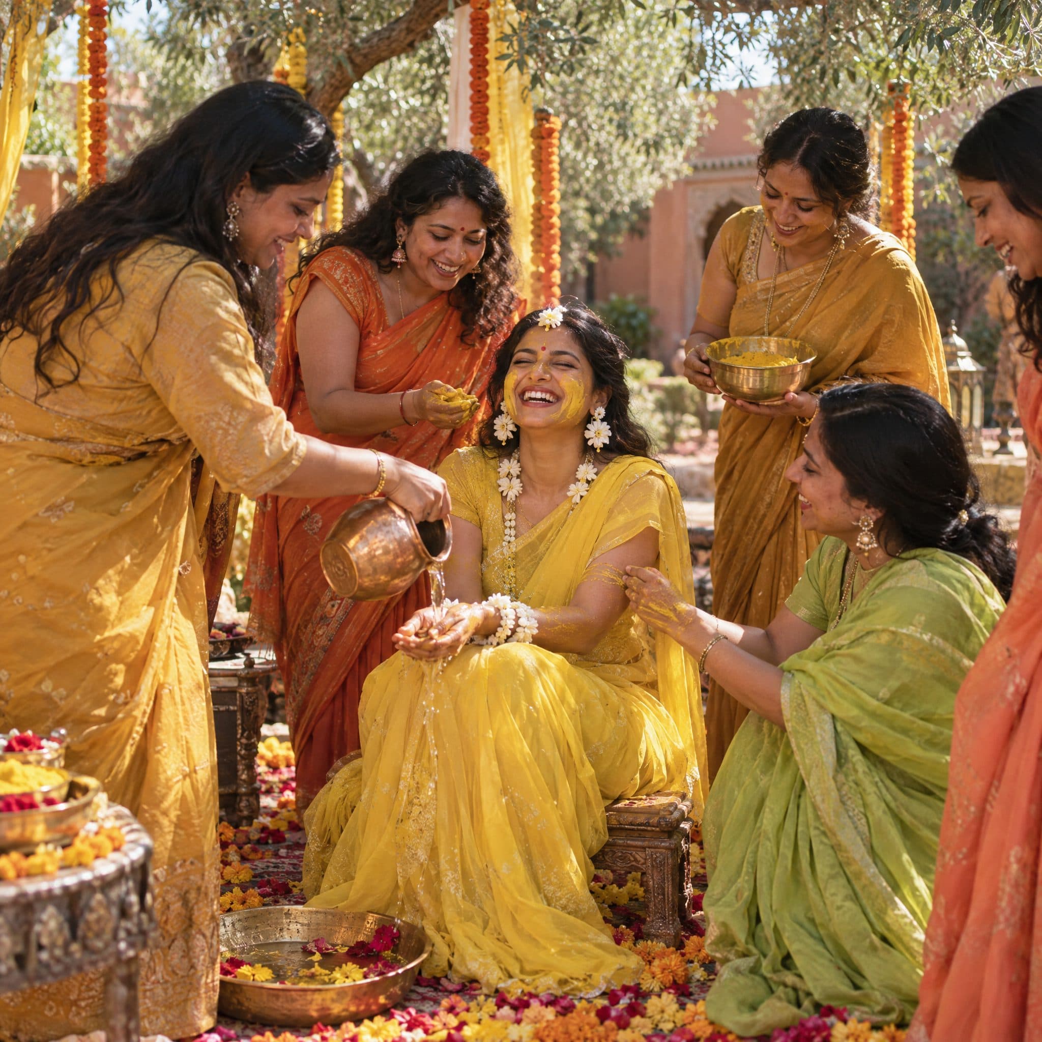 Bride seated in yellow during a Haldi ceremony in a Marrakech garden