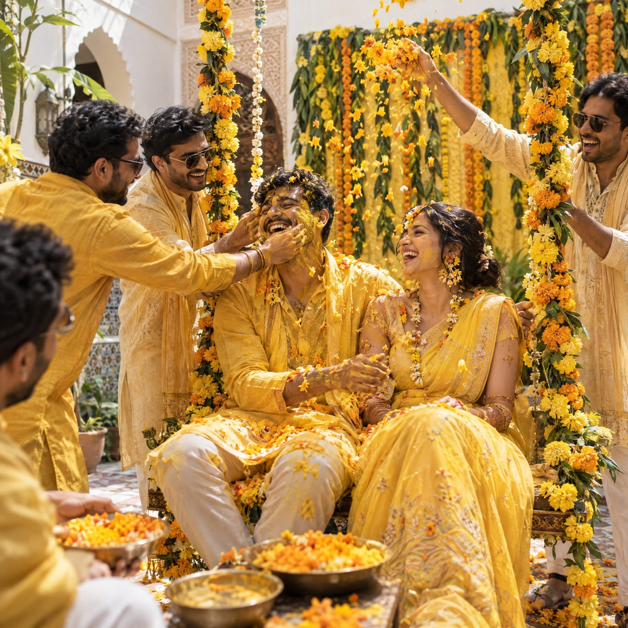 Couple seated in yellow beneath a marigold backdrop while family press turmeric to their faces
