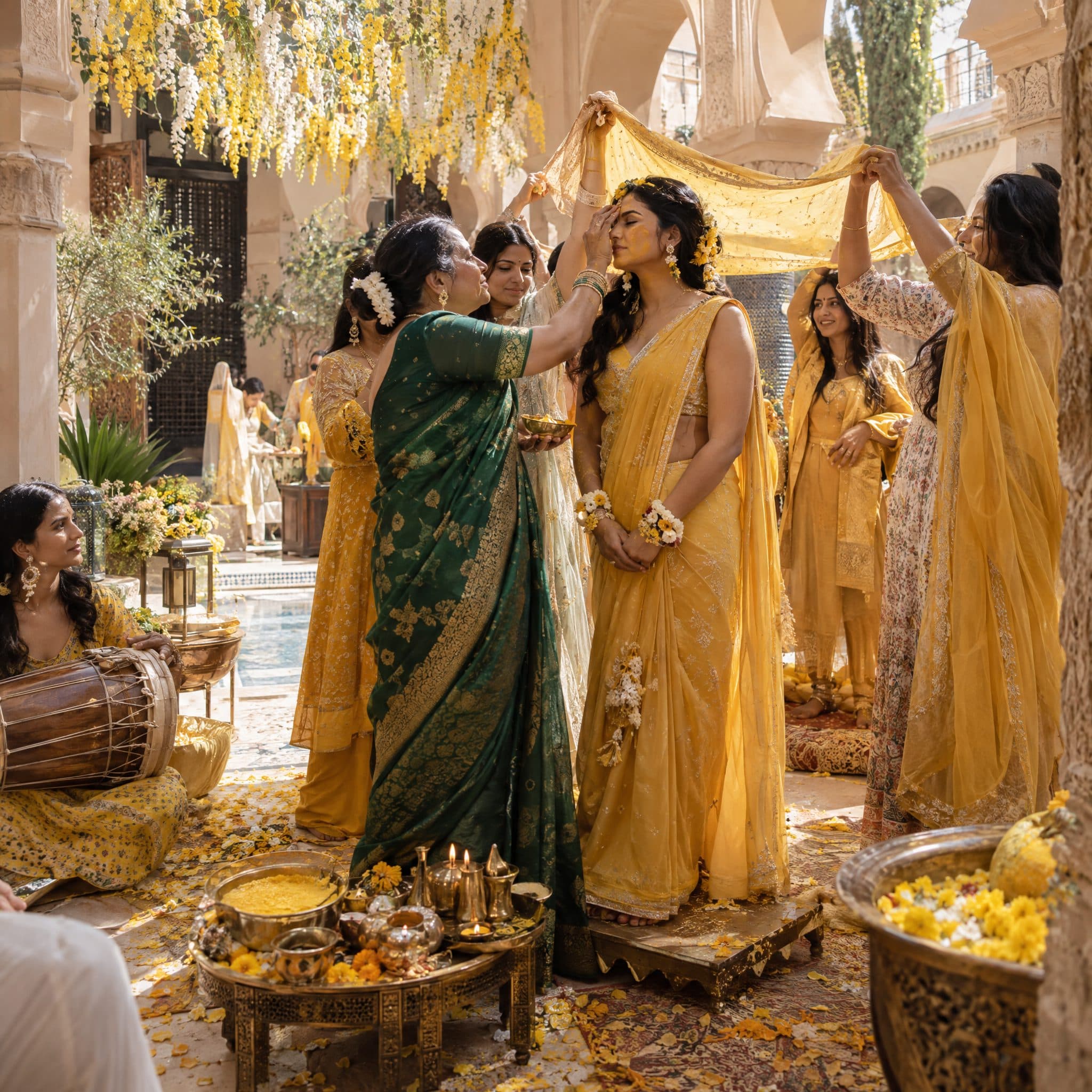 Yellow dupatta held above the bride during Haldi while a dhol player waits