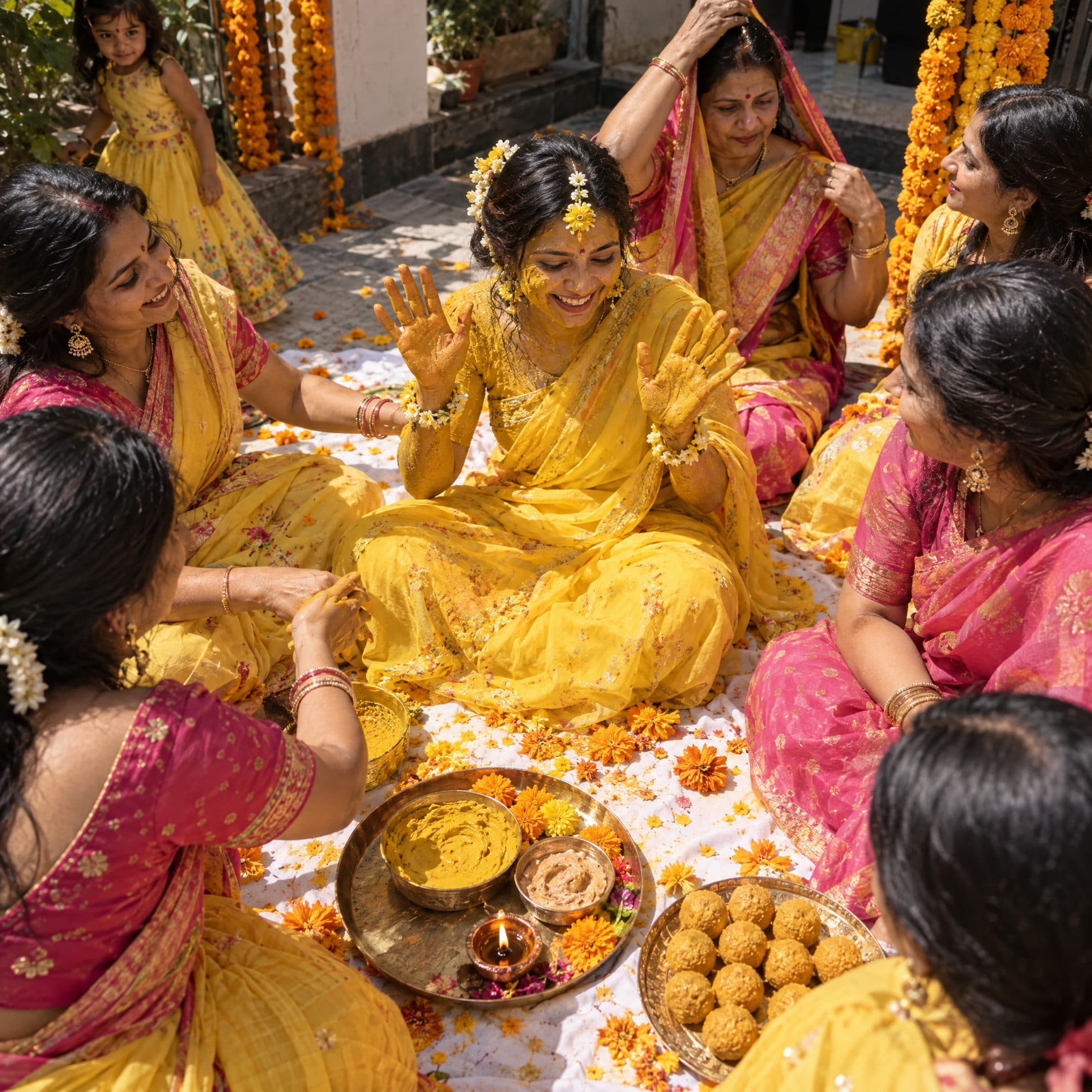 Bride surrounded by aunts and cousins in yellow and pink during the Haldi