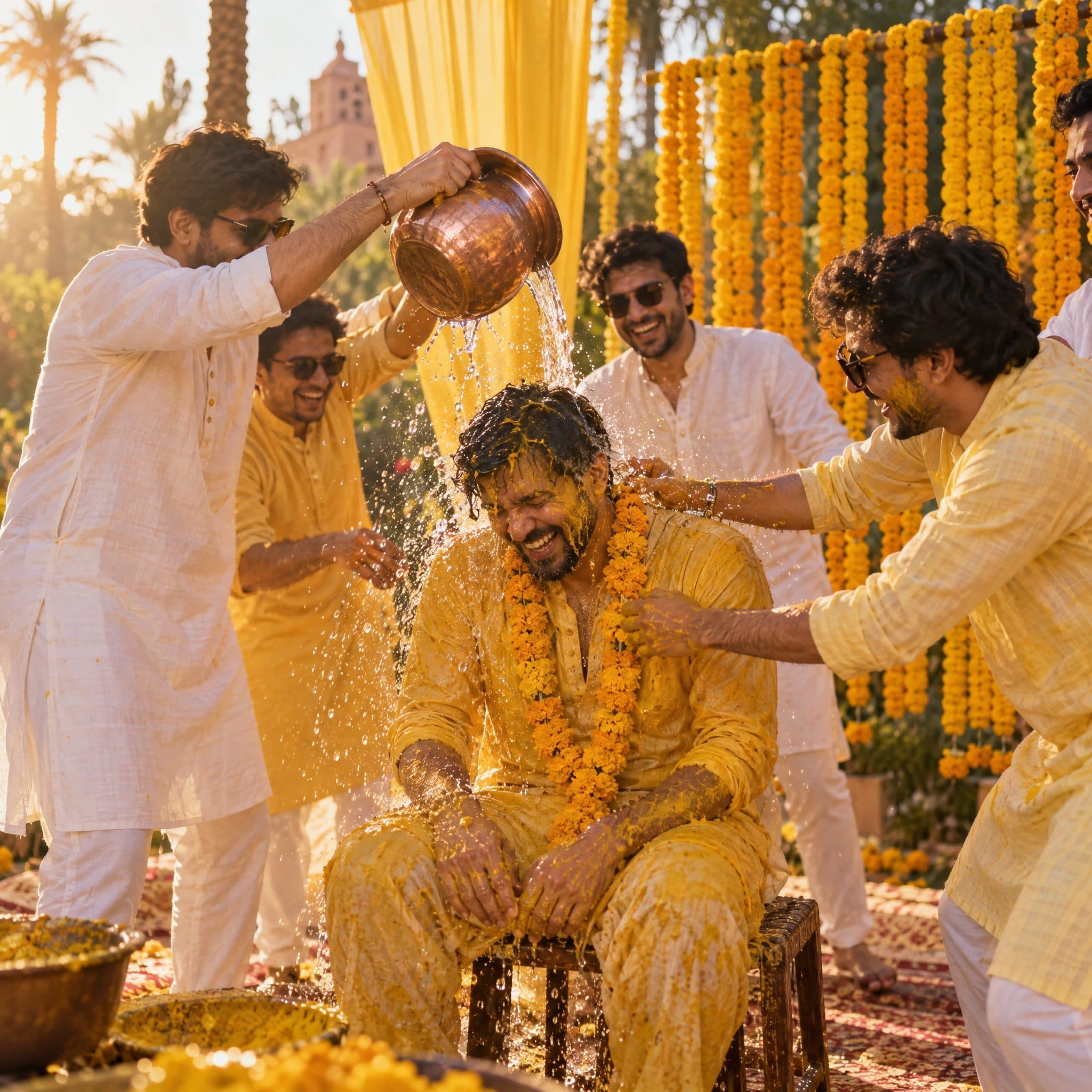 Water poured over the groom during his Haldi, friends in yellow around him