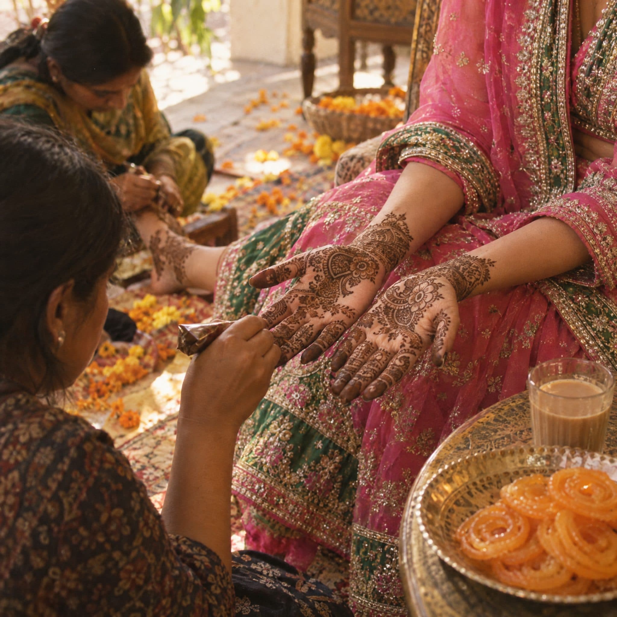 Henna applied to a bride's hands at a Mehndi ceremony, jalebi and chai beside her