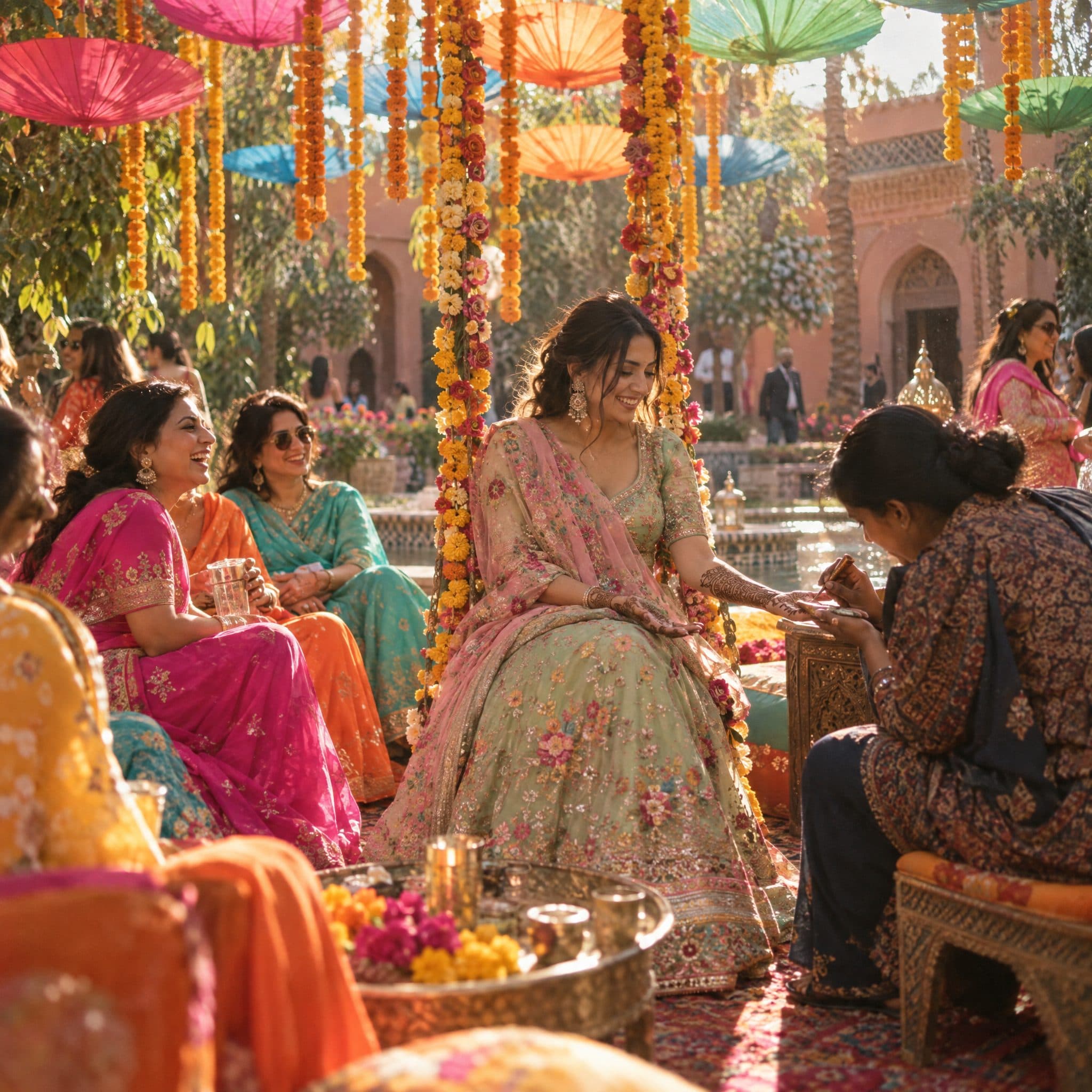 Bride seated under hanging parasols and marigold strings at a Mehndi in a Marrakech courtyard