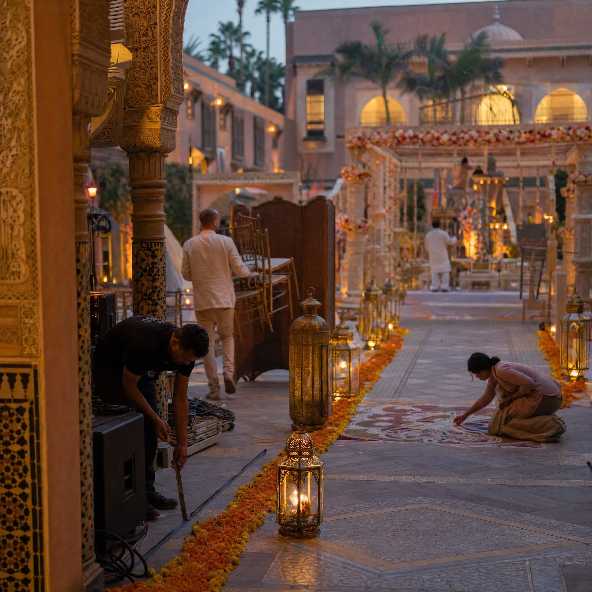Marigold-lined aisle leading to a lit mandap in a palace courtyard at dusk