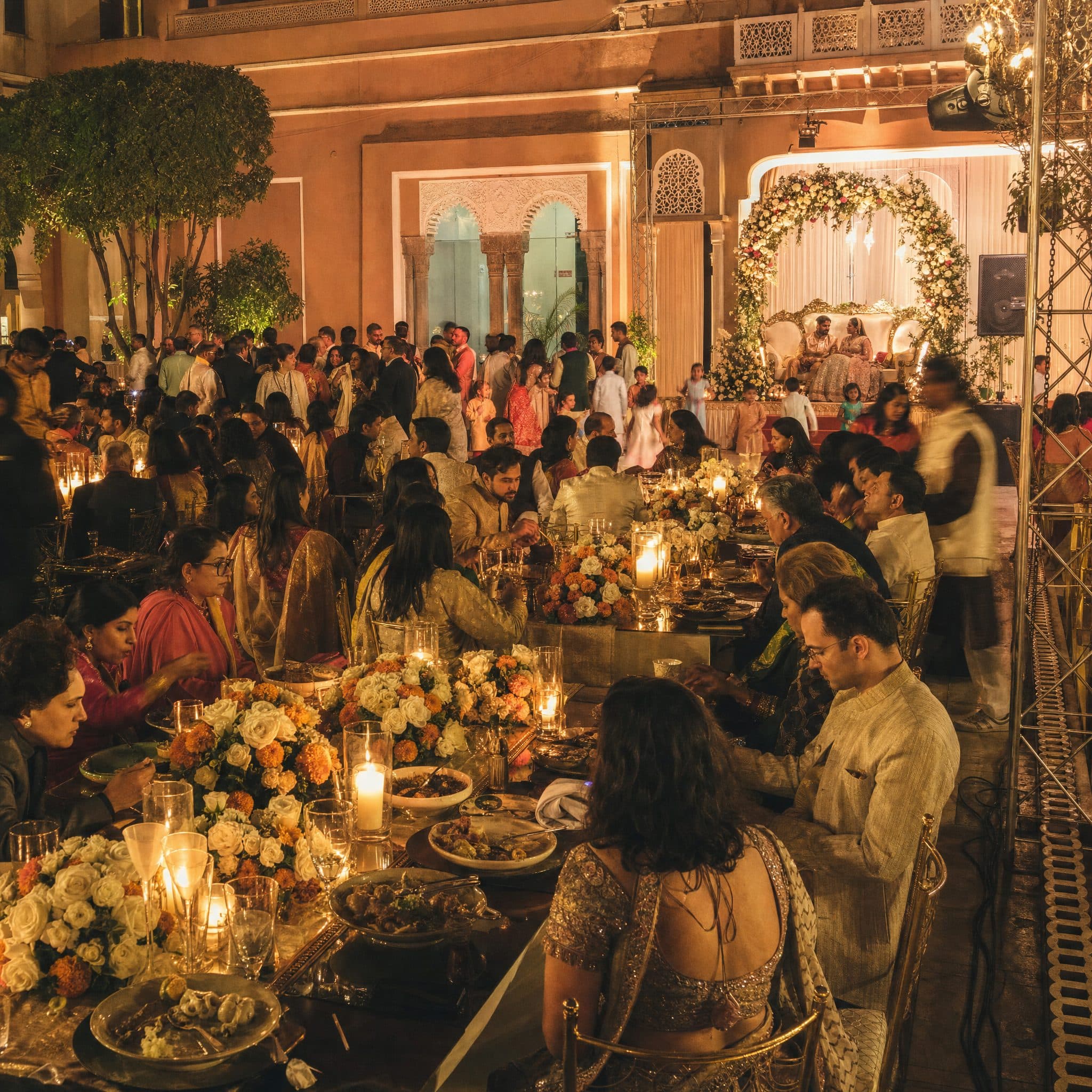Candlelit reception dinner beneath the arches of a Marrakech palace
