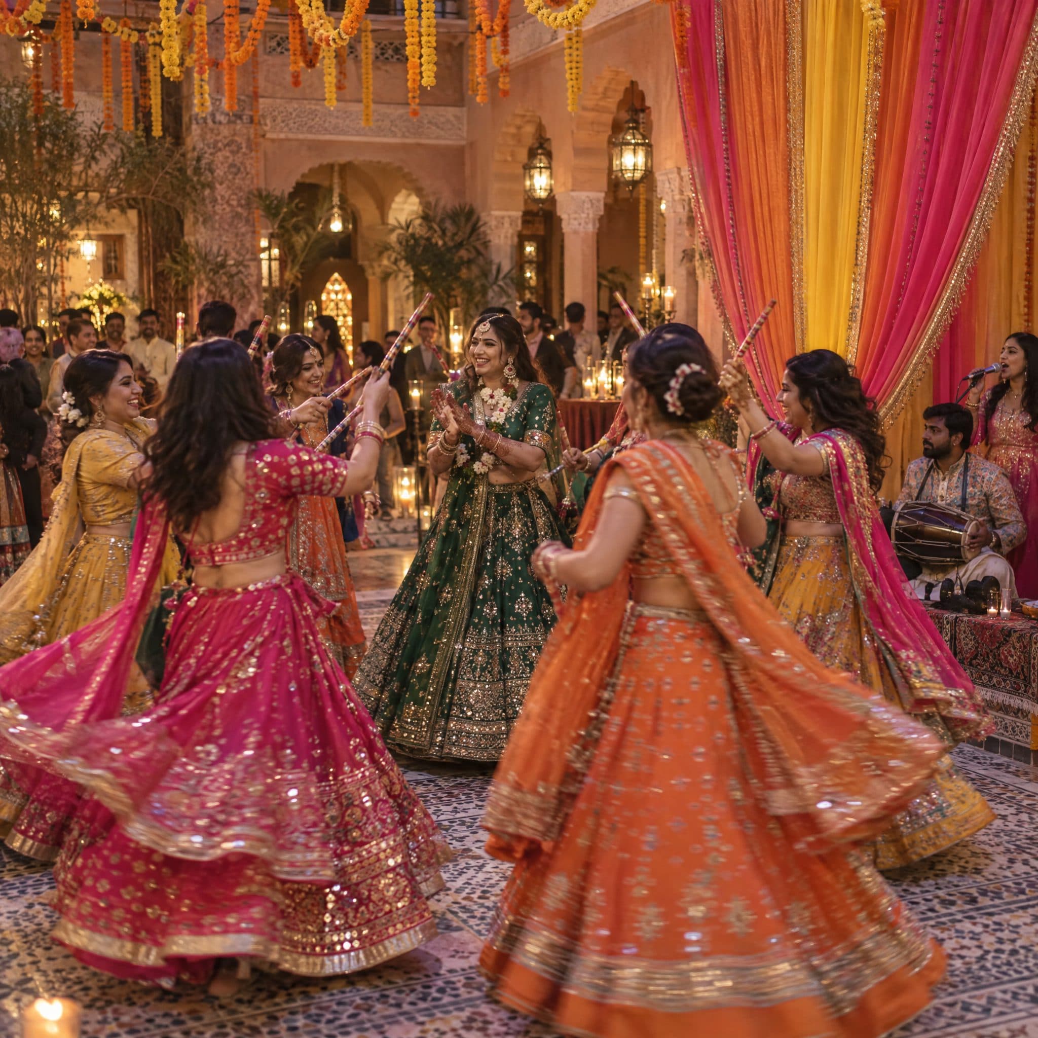 Guests in lehengas dancing at a Sangeet in a lantern-lit palace courtyard