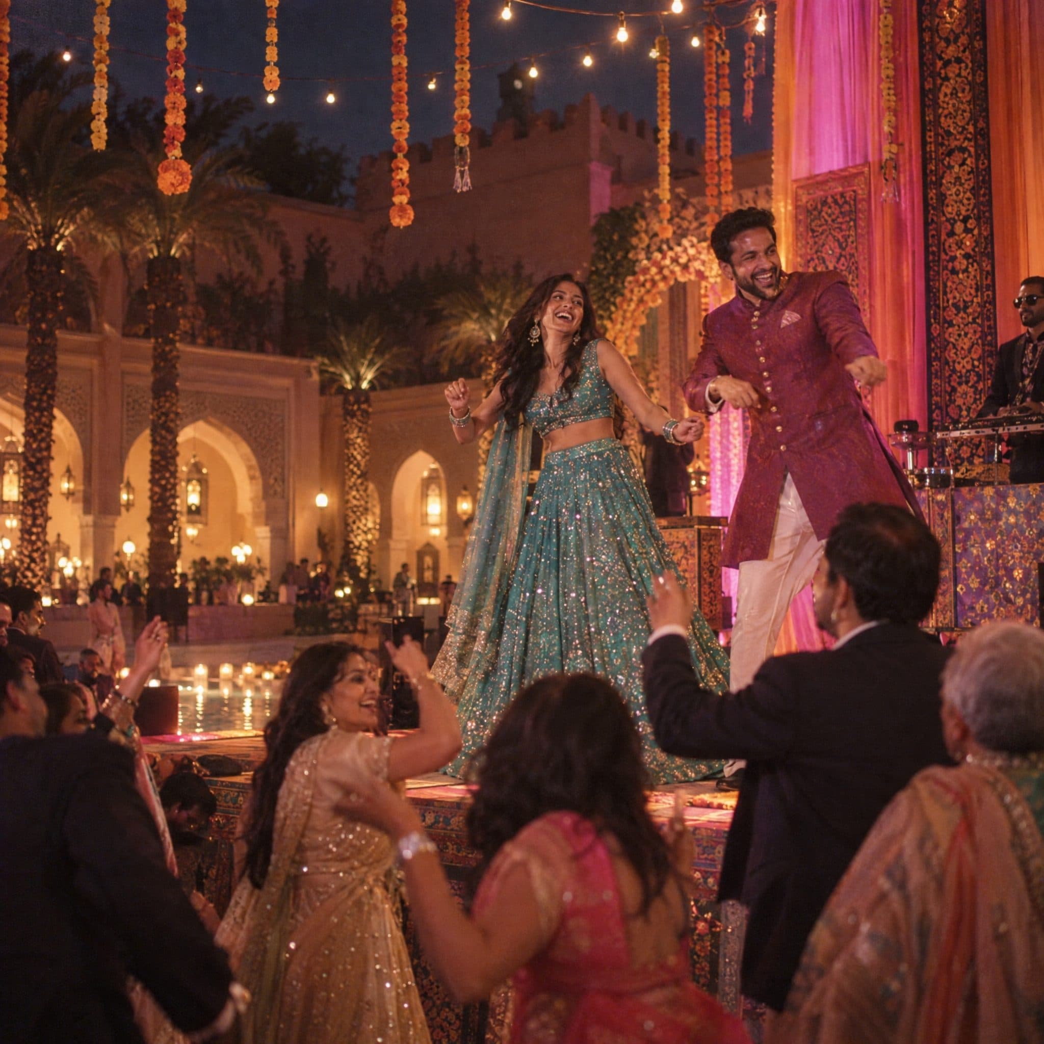 Guests dancing at a Sangeet under marigold strings and coloured drapes at night