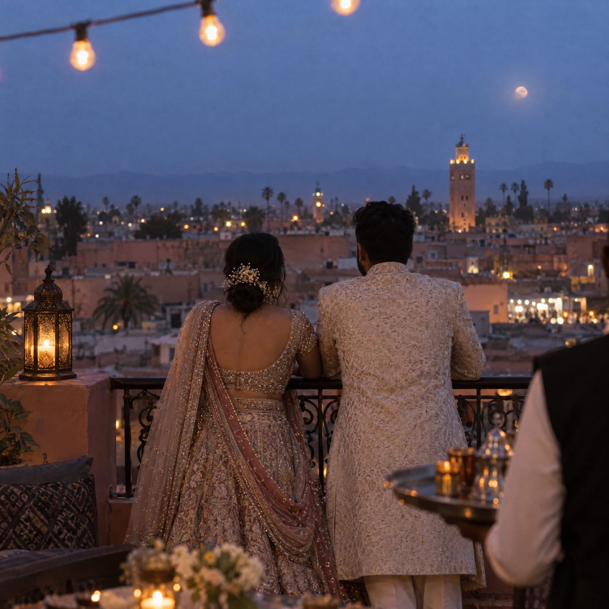Couple on a Marrakech terrace at dusk overlooking the Koutoubia minaret