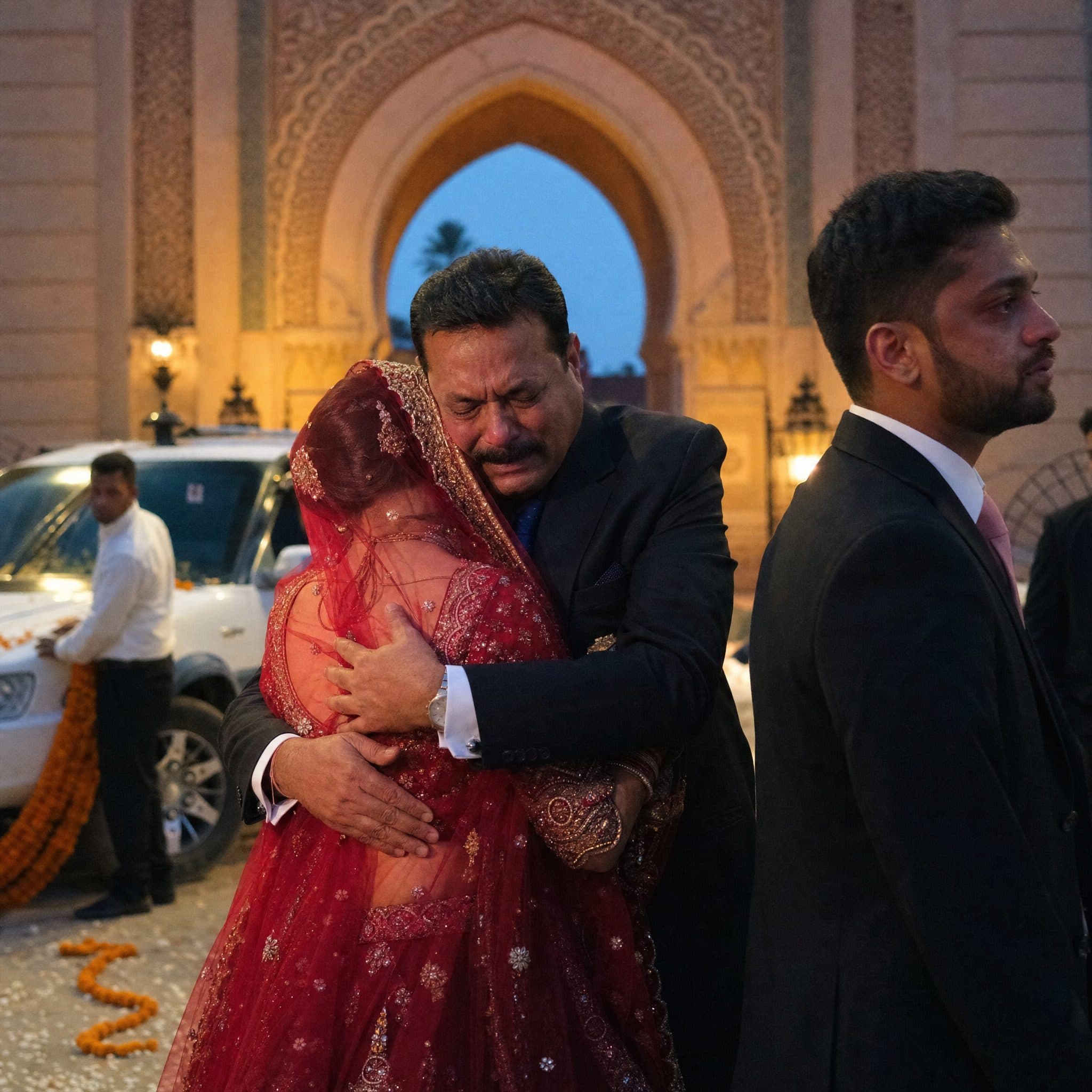 Bride embracing her father during the Vidaai as the family gathers to see her leave